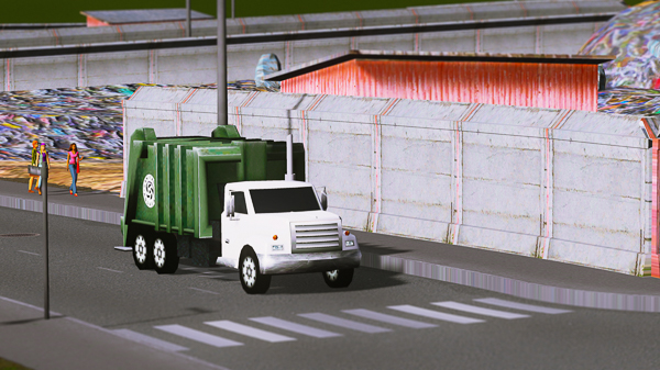 A truck leaving the landfill site